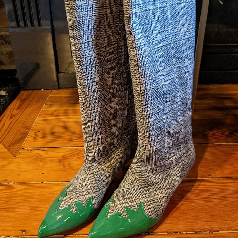 Tibi Green Patent and Plaid Knee High Kitten Heel Boots 40.5 10